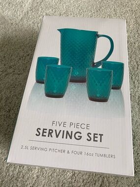 Macy's Teal Textured 5-Piece Glass Serving Set - Pitcher + 4 Tumblers